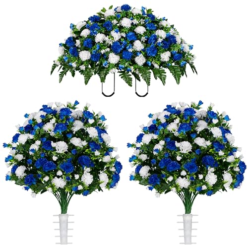 Sympathy Silks Artificial Cemetery Flowers - Gravesite Memorial Arrangment - Blue & White Garden Mums - (1) Saddle (2) Bouquets - color: Blue & White, size: (1) Saddle (2) Bouquets