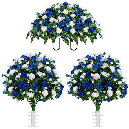 Sympathy Silks Artificial Cemetery Flowers - Gravesite Memorial Arrangment - Blue & White Garden Mums - (1) Saddle (2) Bouquets - color: Blue & White, size: (1) Saddle (2) Bouquets