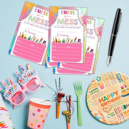 Invitations for Girls Boys - Art Painting Bday Invites with Envelopes(25-Count) - Paint Craft Fill-in Invite Cards for Party Supplies Favors Decorations - F18 - style: Dress for a Mess