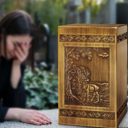 Wooden Cremation Urns for Human Ashes Adult Male Female Deer Carving Handmade Wood Funeral Decorative Memorial Urn Box, Holds 270 Cubic Inch