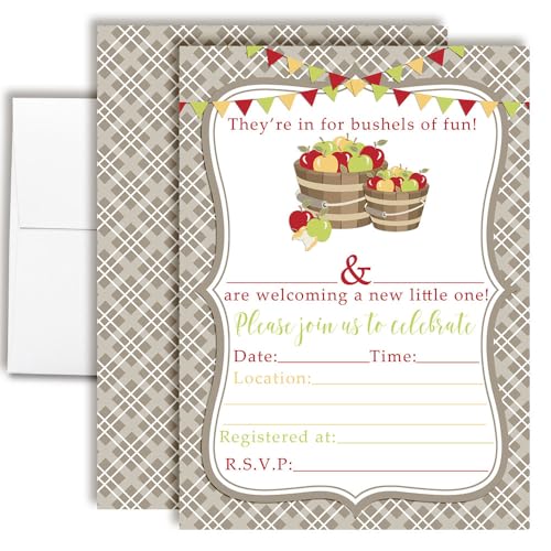 Bushels of Fun Apple Baby Shower Invitations, 20 5x7 Fill In Cards with Twenty White Envelopes by AmandaCreation™ - style: Bushels of Fun Apple