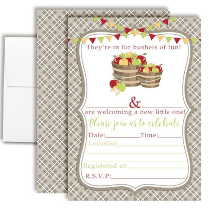 Bushels of Fun Apple Baby Shower Invitations, 20 5x7 Fill In Cards with Twenty White Envelopes by AmandaCreation™ - style: Bushels of Fun Apple