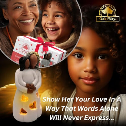 Grandma-Granddaughter Hand-Painted Candle Holder Statue W/Flickering LED Candle | Unique Nana Present Ideas for Christmas, Gigi Grandmother Birthday Gift, Greeting Card Included (Dark) - color: Grandma & Granddaughter (Dark)