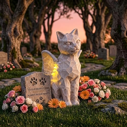 Solar Angel Cat with LED Lights, Cat Memorial Statue for Outdoor - color: Cat With Wings
