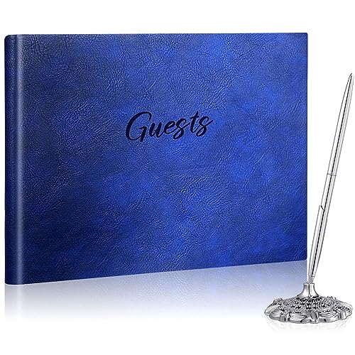 Geyee Leather Guest Book and Pen Stand Set, 10.5" x 8" Embossed Guests Sign in Book Registry Book for Funeral, Wedding Reception, Vacation Homes and Events, 80 Sheets (Blue) - color: Blue