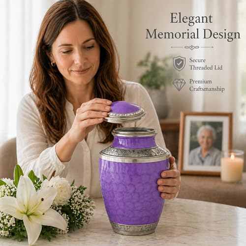 CLEENTABLE Purple Silver Cremation Urn, Engraved Metal