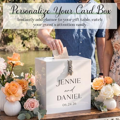 Novabright 10 Inches Wedding Acrylic Card Box with Slot Lock and Last Name Transfers Money Box for Bridal Shower Wedding, Baby Shower Birthday Party, No Assembly Needed(White,Elegant Style) - color: White, style: Elegant Style