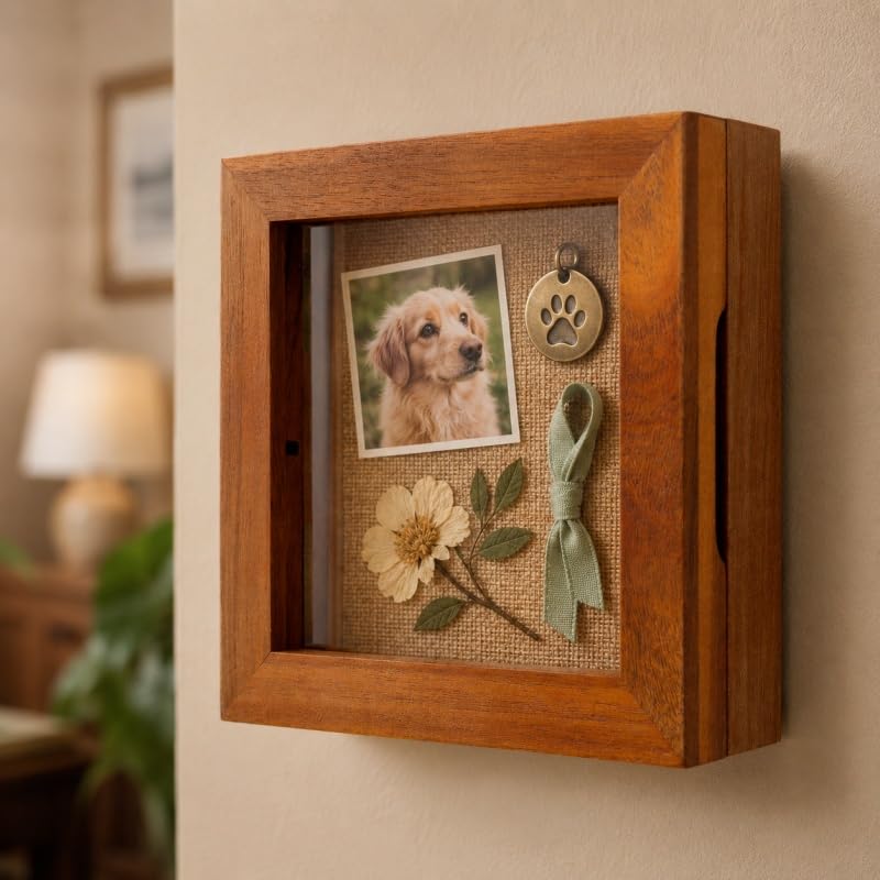 6x6 Small Shadow Box Frame, Acacia Wood Keepsake Display Case, Brown | Solid acacia wood, clear acrylic front, linen pin board, mini display case for photos, pins, coins, flowers and keepsakes - size: 6x6
