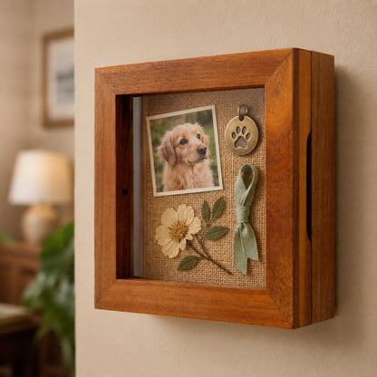 6x6 Small Shadow Box Frame, Acacia Wood Keepsake Display Case, Brown | Solid acacia wood, clear acrylic front, linen pin board, mini display case for photos, pins, coins, flowers and keepsakes - size: 6x6