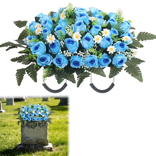 Wocst Cemetery Decorations for Grave Large Headstone Flower Saddle Grave Silk Flowers for Outdoor Grave Decoration(Blue) - color: Blue, size: 1 Saddle