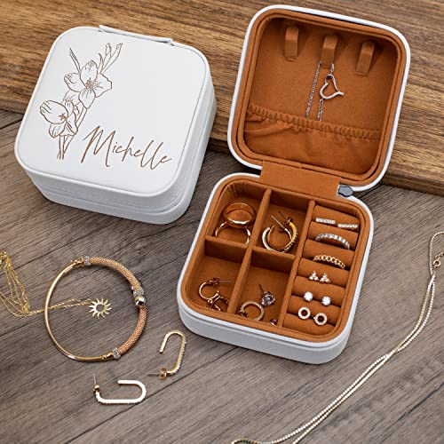 Custom Leather Jewelry Box w/Name & Birth Flower Month - Birthday Gifts for Women, Personalized Jewelry Travel Case - Customized Jewelry Organizer Box, Mom Birthday Gifts - Chestnut - color: Chestnut
