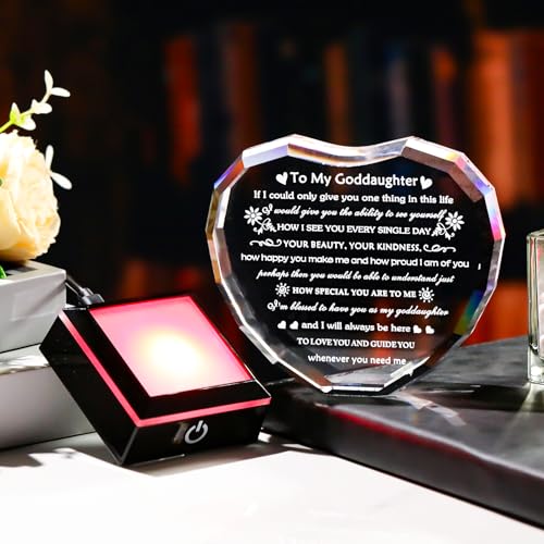 Arikyrist Goddaughter Gifts from Godmother Birthday Gift for Goddaughter from Godparents With LED Base Heart Crystal Keepsake Unique Goddaughters Gifts Idea on Mother's Day Christmas Graduation - style: Goddaughter Gifts + Light Base