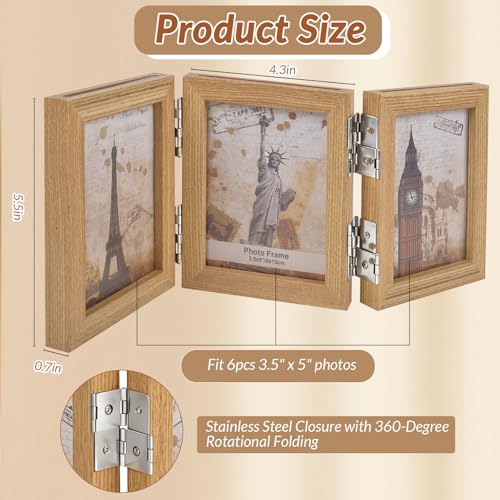 Collage Picture Photo Frames - 3.5x5, Triple Hinged 3 Desk Picture Frame, Wooden Desk Tabletop Family Photo Frame with Glass Opening, Decorative Folding Trifold Picture Frame Stand Vertical, Natural Wood - style: Collage Natural Wood 3-Fold,3×3.5"