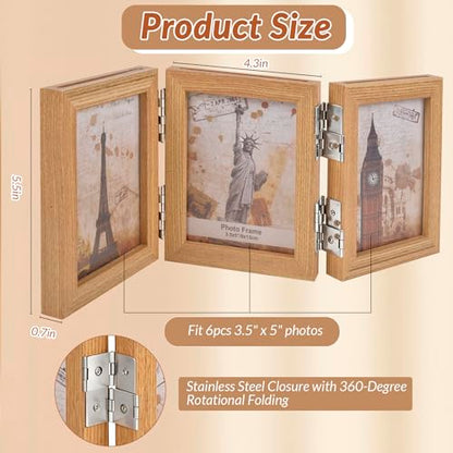 Collage Picture Photo Frames - 3.5x5, Triple Hinged 3 Desk Picture Frame, Wooden Desk Tabletop Family Photo Frame with Glass Opening, Decorative Folding Trifold Picture Frame Stand Vertical, Natural Wood - style: Collage Natural Wood 3-Fold,3×3.5"