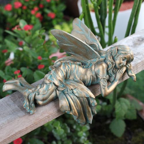 Vintage Bronze Sleeping Fairy Statue Outdoor Garden Decor, 6.1" Resin Angel Figurine Home Shelf Sitter Yard Art Sculpture for Patio Lawn Porch Ornaments - color: Sleeping