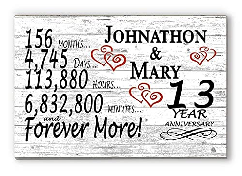 Personalized 13 Year Anniversary Sign Gift 13th Wedding Anniversary Present For Couple Days Minutes Years - Solid Wood - 16.5in x 10.5in x .75in (13 Year) - color: 13 Year