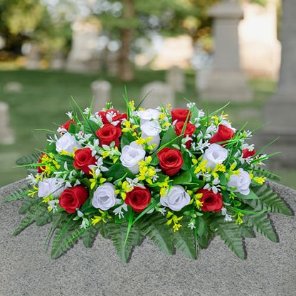 LVXINLI Artificial Cemetery Flowers Saddle-Shaped Tombstone Decorations Non-Fading UV-Resistant （Red and White Saddle - color: Red and White Saddle