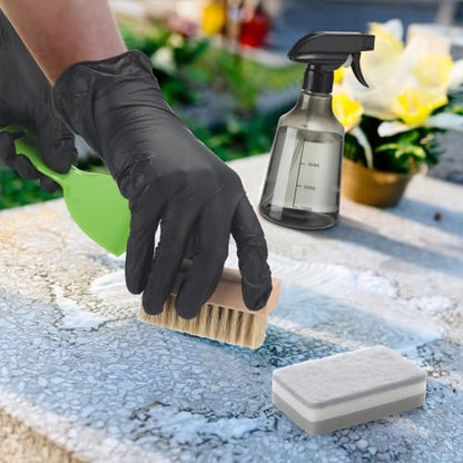 Hahafelt 7 Pcs Headstone Cleaner Kit Includes Microfiber Cloth Spray Bottle Bristle Brush Headstone Sponge Disposable Gloves Plastic Scraper for Grave Cleaning Gravestone Cleaner Grave Granite