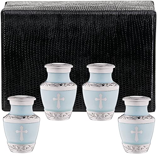 Olivia Memorials 4 Small Urns for Ashes Adult Male or Female - Set of 4 Blue Mini Urns Catholic Protestant Religious - Cremation Keepsakes with Velvet Box - Memorial Jesus Cross Human - color: God's Love - Blue, size: Keepsake - 4 Count