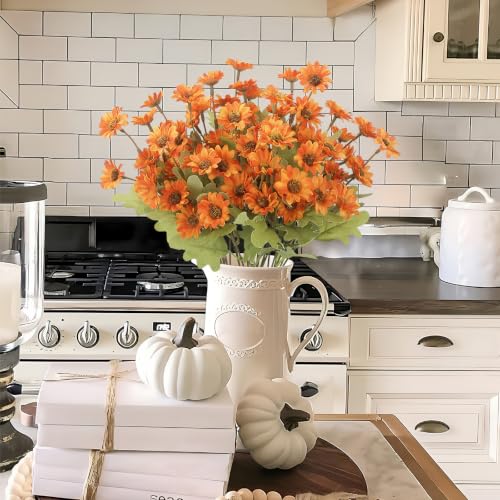 4 Pcs Artificial Fall Flowers Mum Bush Artificial Daisy Mums Flowers Bulk Orange Daisy Artificial Flowers Chrysanthemums Silk Flowers Autumn for Outside Cemetery Table Thanksgiving Harvest - color: Orange