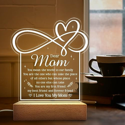 SANDJEST Acrylic Night Light Gift for Mom - Mother Night Light - You Mean The World to Our Family Night Lights Lamp Gift for Moms from Daughter Son on Birthday Christmas Valentines - color: Dear Mom