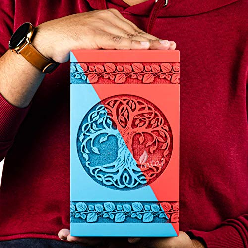 Wooden Cremation Urn for Human Ashes, 20 Cu in, Keepsake, Blue & Red | Hand-carved wood, blue and red, screw-locked sliding base, engraving available, holds a small share of ashes, to 20 lb - color: Blue & Red, size: Keepsake - 3.50Hx2.00W (6.50 Cu/In)