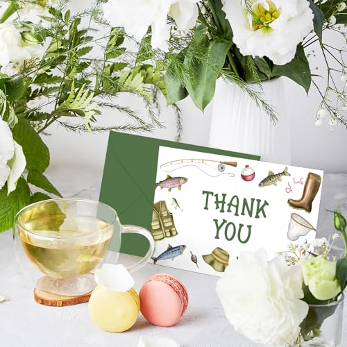 FYSUIMU 24Pcs Fishing Thank You Cards Fishing Rod Fishnet Note Card with Envelopes Stickers Green Blank Greeting Card for Fish Party Birthday Supplies - style: Fishing Rod