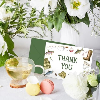 FYSUIMU 24Pcs Fishing Thank You Cards Fishing Rod Fishnet Note Card with Envelopes Stickers Green Blank Greeting Card for Fish Party Birthday Supplies - style: Fishing Rod