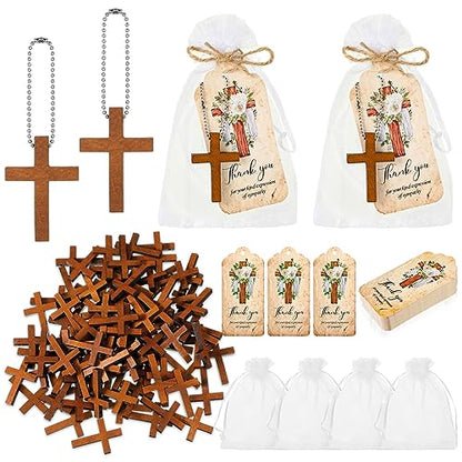 Tradder 100 Set Funeral Favor for a Memorial Service with 100 Wooden Cross Keychain Funeral Thank You Card Organza Bag Guest Sympathy Gift for Remembrance Bereavement Celebration of Life(Cross) - style: Cross