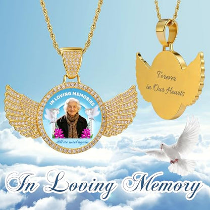 HJX Custom Circle Chain with Wings, Memorial Picture Necklace for Men Womem - color: 8-wing memorial