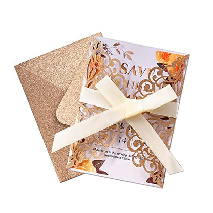 50Pcs Laser Cut Wedding Invitation With Glitter Envelopes And Ribbons Blank Personalized Card Invitaciones Para quinceañera Birthday Baby Shower Christmas Party Bridal Shower (Rose Gold) - color: Rose Gold