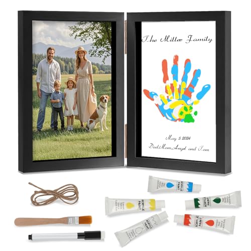Family Handprint Kit, DIY Baby Hand and Footprint Handmade Keepsake Wooden Frame, Family Gifts with 5 Non-Toxic Baby-Safe Paint, Ideas Gift for New Parents, Grandparents, Father's Day, Mother's Day - color: Black, size: 4 Pages Acrylic Boards