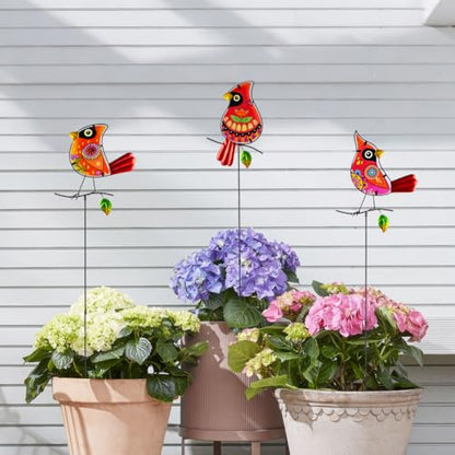 Set of 3 Cardinal Stained Glass Decorative Garden Stakes - color: Cardinal