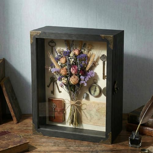 11x14 Shadow Box Frame, Solid Wood Memory Display Case with Glass Door, Linen Back, 2.7" Overall Depth, 10 Push Pins & Hanging Hardware, Rustic Keepsake Box for Flowers, Photos, Medals, Black - size: Medium (Black)