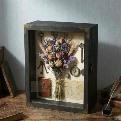 11x14 Shadow Box Frame, Solid Wood Memory Display Case with Glass Door, Linen Back, 2.7" Overall Depth, 10 Push Pins & Hanging Hardware, Rustic Keepsake Box for Flowers, Photos, Medals, Black - size: Medium (Black)