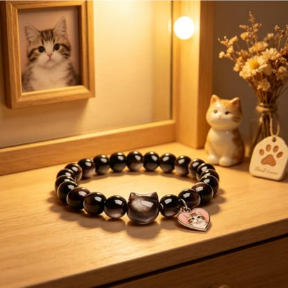 Personalized Pet Memorial Obsidian Bracelet with Photo Charm | Custom Photo Pet Loss Bracelet，Cat Dog Memorial Keepsake Jewelry ，Dog Cat Lovers Pet Loss Remembrance