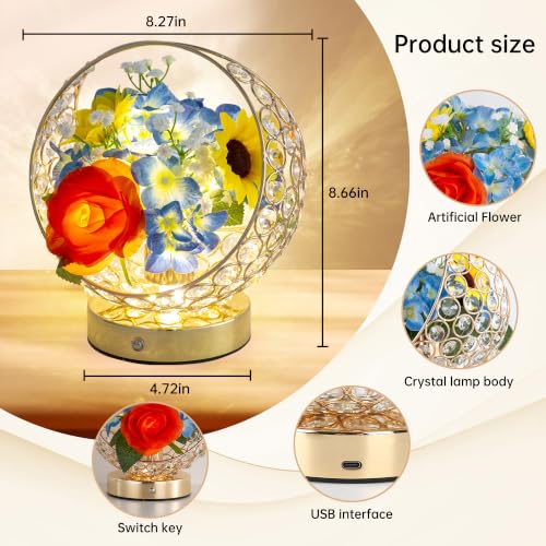 Birthday Gifts for Women,Rose Hydrangea Sunflowers Flower Lamp - color: Blue