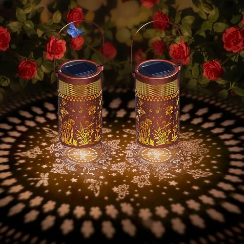 2 Pack Solar Lantern Outdoor Waterproof, Metal Butterfly, Hummingbirds, Dragonflies, Frogs, Turtles, Flowers, Mushrooms, Garden Decor for Yard, Patio, Lawn, Porch, Backyard, Christmas Gifts for Women - size: (2 Pack) 4" Dia Bronze-Garden Pattern