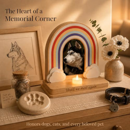 Rainbow Bridge Dog Memorial Gifts | Premium Solid Wood Pet Memorial Picture Frame for 4x6 Photo, LED Candle, Sympathy Card, Gift Box | Pet Loss Sympathy Gift Set for Dogs & Cats, In Memory of Dog