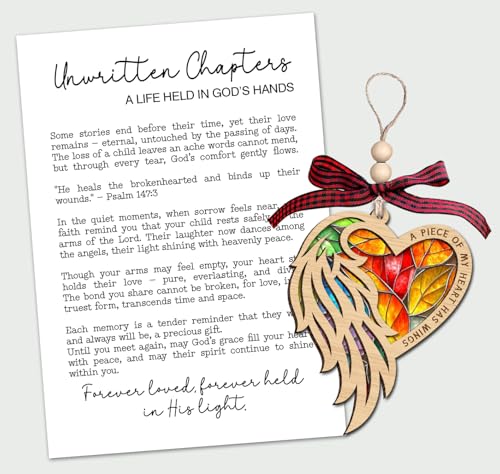 Angel Wing Heart Ornament - Unwritten Chapters Story Card - Wooden Heart with Wings Design - Symbol of Love Faith and Remembrance - Comforting Keepsake Honoring Eternal Bonds