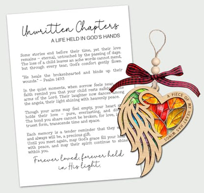Angel Wing Heart Ornament - Unwritten Chapters Story Card - Wooden Heart with Wings Design - Symbol of Love Faith and Remembrance - Comforting Keepsake Honoring Eternal Bonds