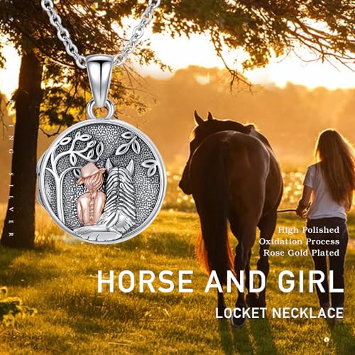 Locket Necklace for Women 925 Sterling Silver Celtic Locket Pendant Necklace Moonstone/Turquoise/Black Agate Heart Shaped Locket Necklace Jewelry Gifts for Women - style: Horse Round
