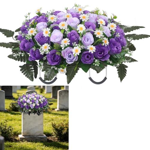 Wocst Headstone Flower Saddle,Large Artificial Cemetery Flowers for Grave Artificial Roses Daisy Saddle for Cemetery Headstone (Purple) - color: Purple