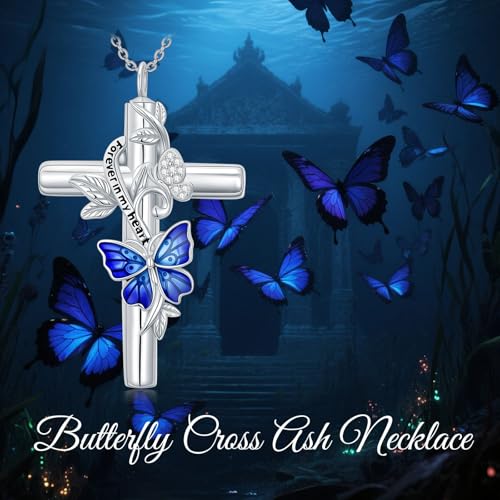 SOULMEET Enamel Butterfly Cross Urn Necklace for Ashes, Cross Moissanite Butterfly Ashes Necklaces with Forever in My Heart Engraved Keepsake Cremation Locket Jewelry for Women Men - color: A-Blue, style: Non Custom