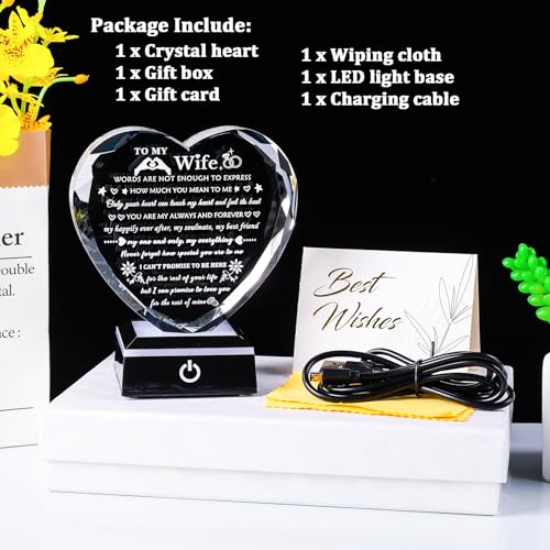 Arikyrist Romantic Wife Gifts from Husband with Colorful LED Base Anniversary Birthday Gift for Wife Crystal Keepsake I Love You Gifts for Her on Mothers Day Valentine Christmas - style: Wife Gifts + Light Base