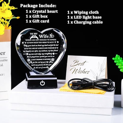 Arikyrist Romantic Wife Gifts from Husband with Colorful LED Base Anniversary Birthday Gift for Wife Crystal Keepsake I Love You Gifts for Her on Mothers Day Valentine Christmas - style: Wife Gifts + Light Base