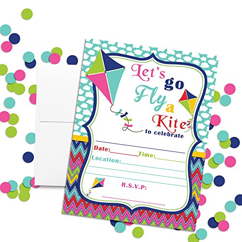Amanda Creation Kite Flying Birthday Party Fill In Invitations set of 20 Cards and Envelopes. - style: Kite Flying