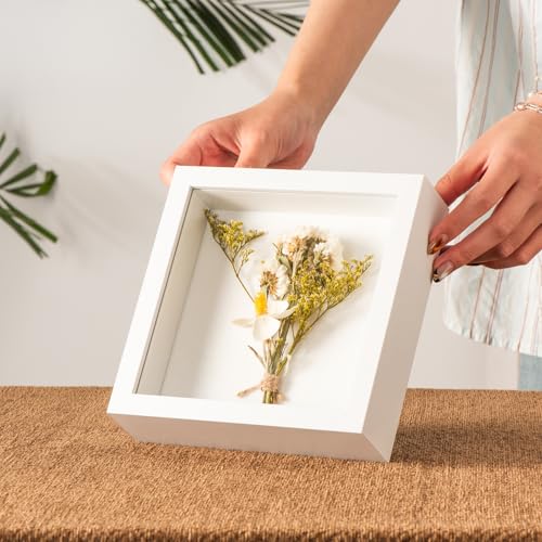 6x6 Small Shadow Box Frame with Ultra-Clear Glass & Soft Linen Back - color: White+high Definition Panel + Shatter-proof Packaging, size: 6x6