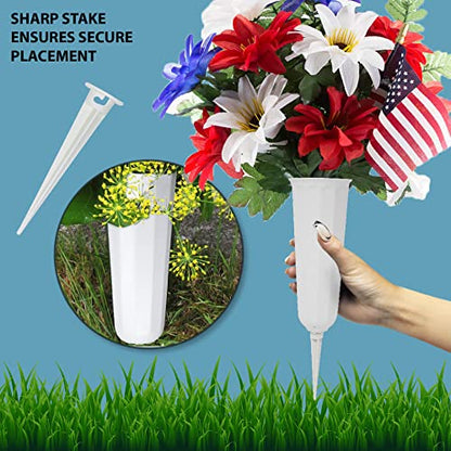 Memorial Floral Vases with Foam Included - (White, 6 Pack) | Outdoor In Ground Vases with Stakes, for Fresh and Artificial Flowers - size: 6-Pack