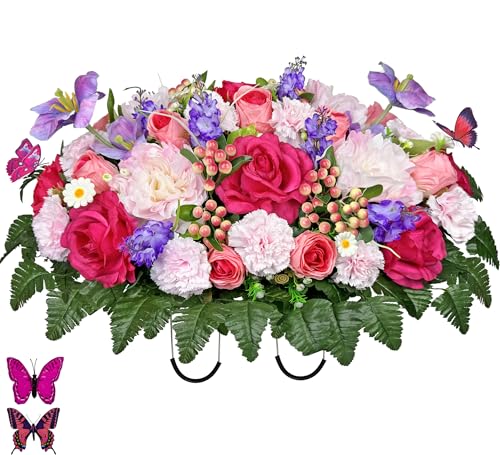 Artificial Cemetery Flower Saddle for Grave Decoration, Silk Headstone Flower Saddle for Tombstone - Rose Hibiscus Tulip,Easy Fit and Colorfast